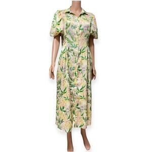 Nordstrom Romantic Feminine Floral Midi Maxi Shirtdress with puffy sleeves, L